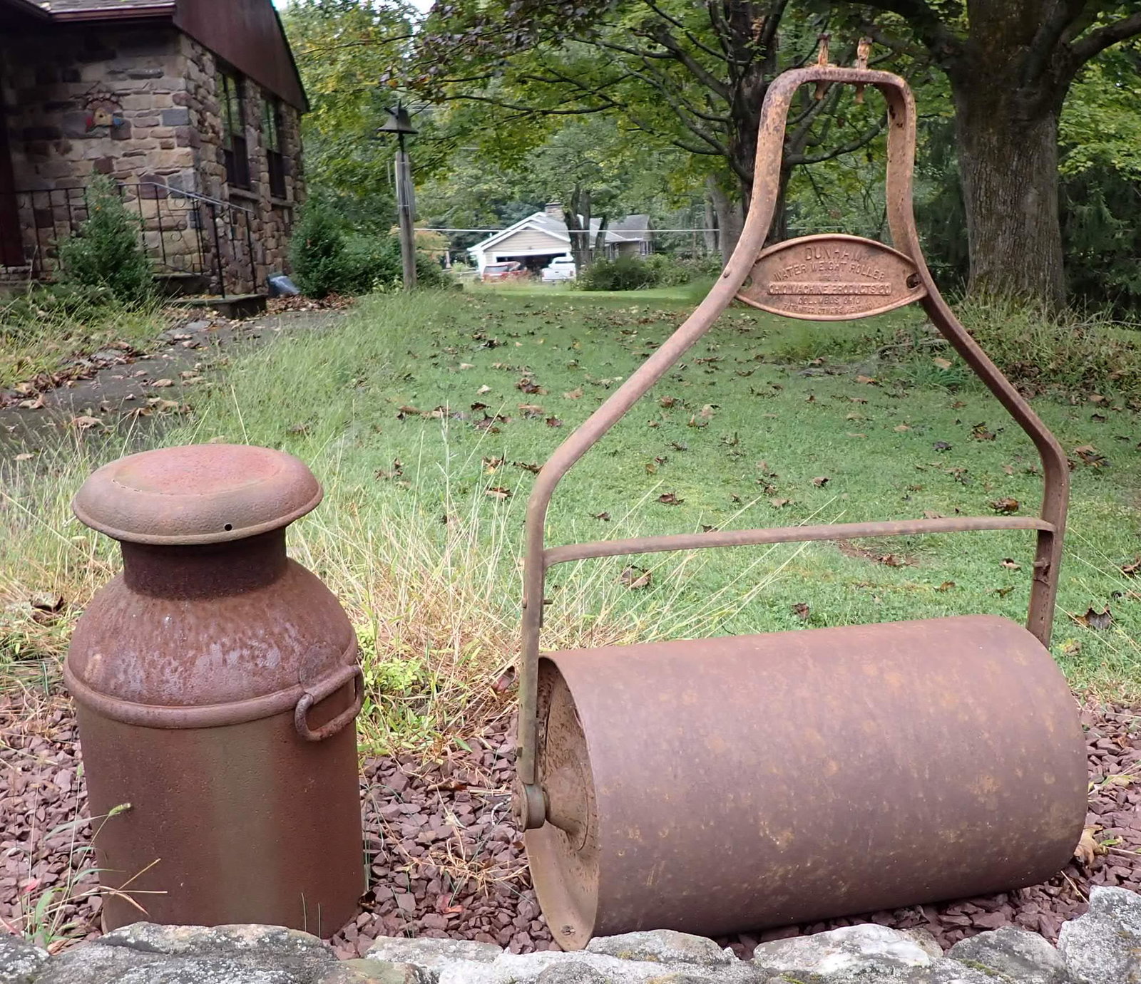 Milk Can & Lawn Roller: Roller is 24" wide. NO SHIPPING