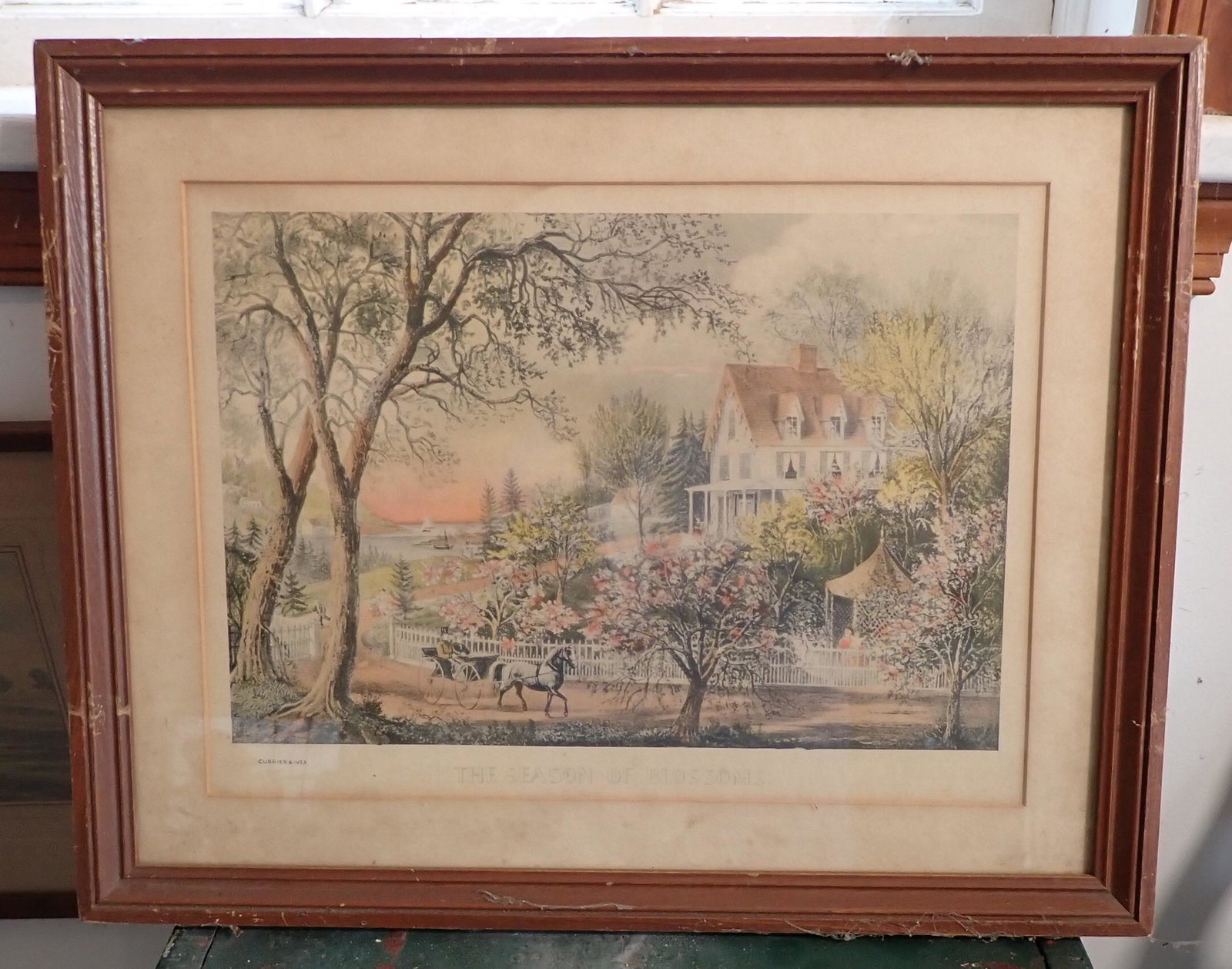 Currier & Ives Hand Colored Litho: The Season of Blossoms". Approx 15 1/2" x 19 1/2