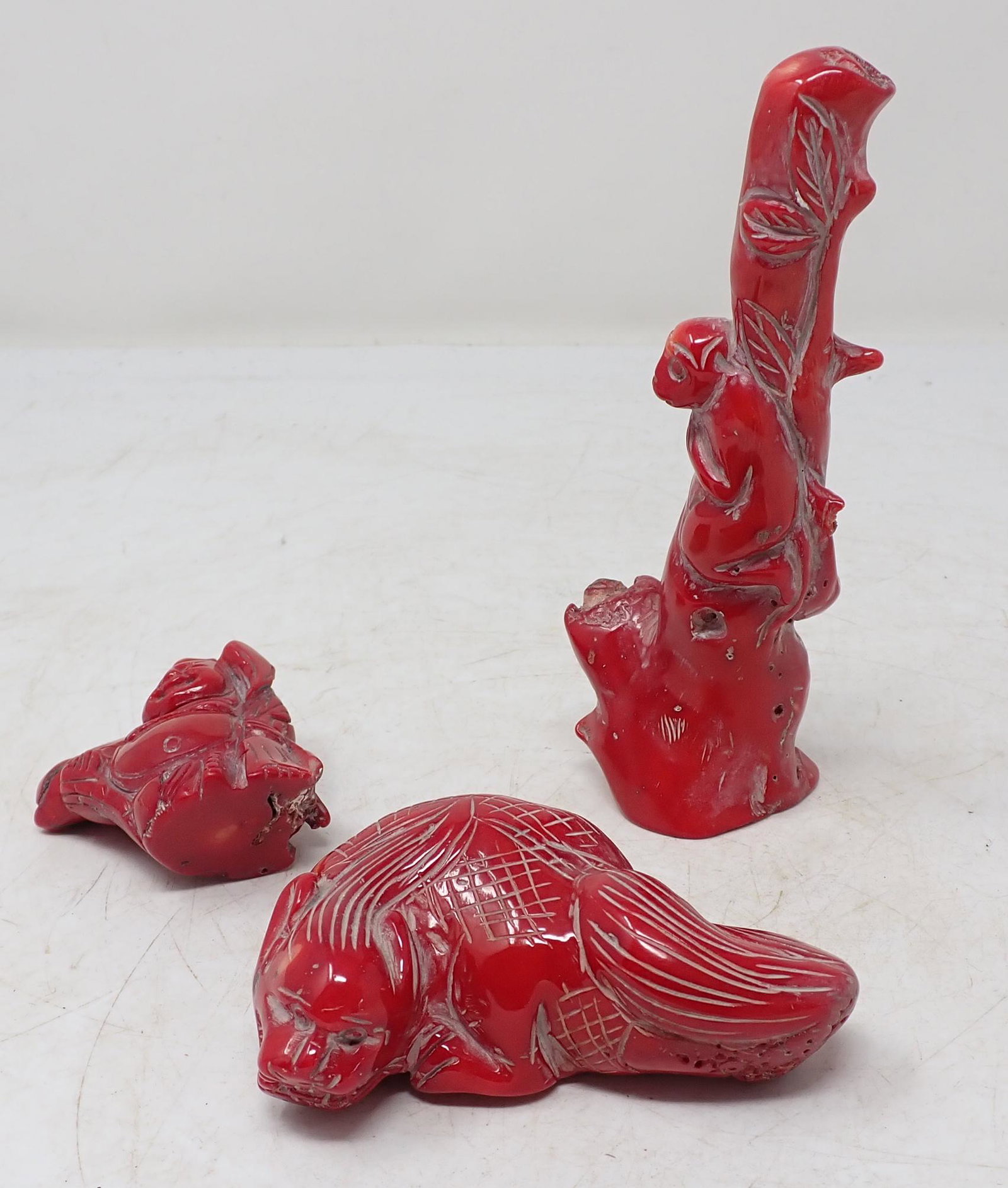 Red Jade Buddha Lion & Monkey: Monkey on the tree is apprx 5 1/2" tall.