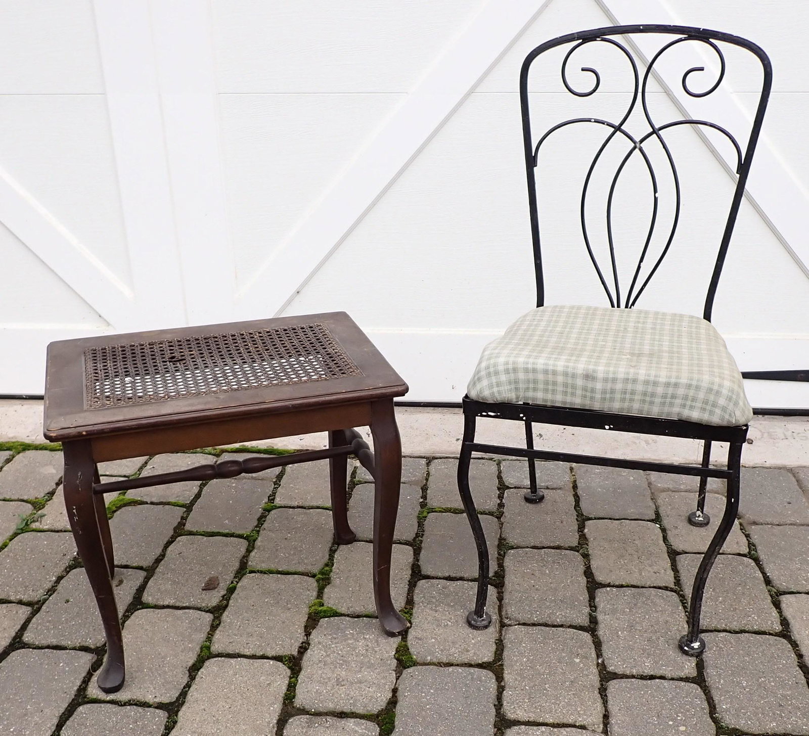 Iron Patio Chair and Sikes Bench: Bench is approx 14 1/2" x 20" x 18" tall. NO SHIPPING