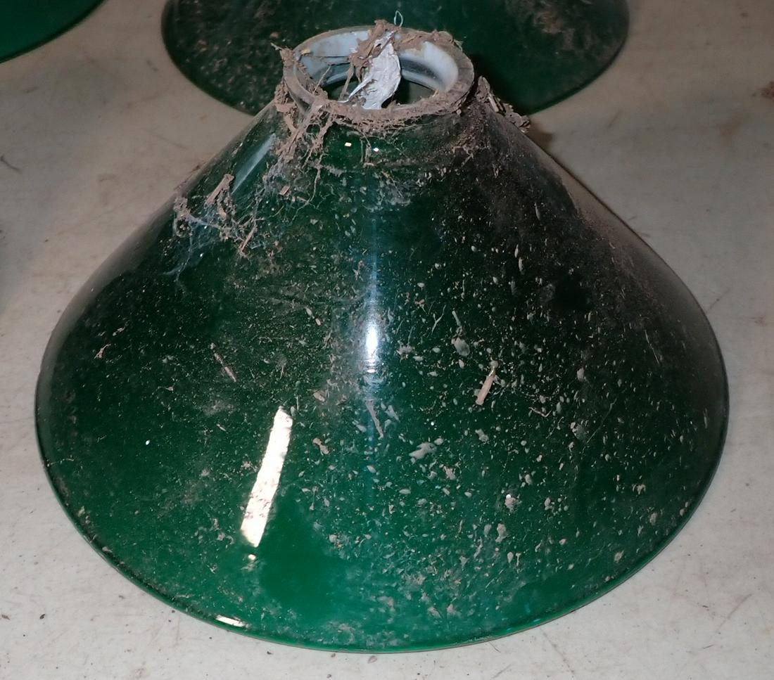 6 Antique Green Cased Glass Lamp Shades: Approx 9 5/8" in diameter, 4 3/4" tall, fitter is 2 1/4" in diameter. NO SHIPPING