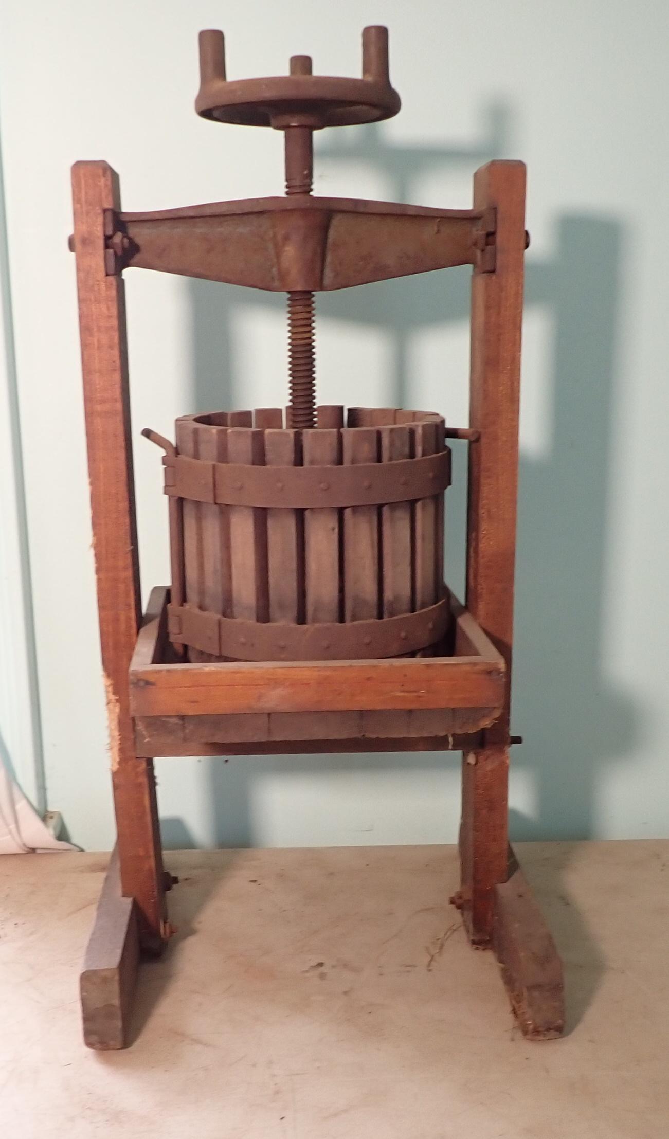 Red Cross Wine Press: Press is approx 17" x 18 1/2" x 38" tall (as pictured). NO SHIPPING !