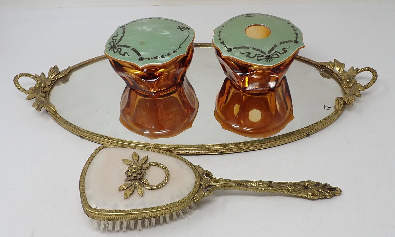 Vanity Tray Dresser Jars Brush: Tray is approx 8 1/2" x 17 1/2". Jars have ground bottom & Celluloid tops.