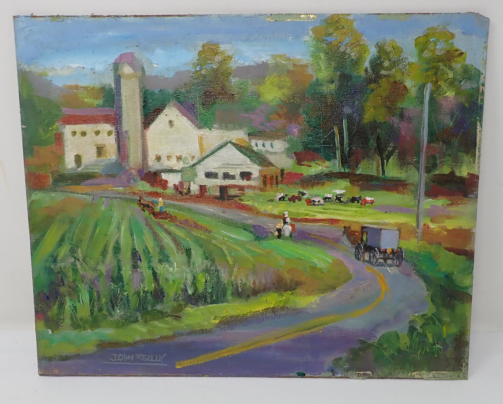 John Reilly Amish Oil on Board Painting: Approx 11" x 14" . John Reilly (1942-2021) was born in Brooklyn New York. John received his early art training at the School of Art and Design in Manhattan, where he studied advertising art. By age tw