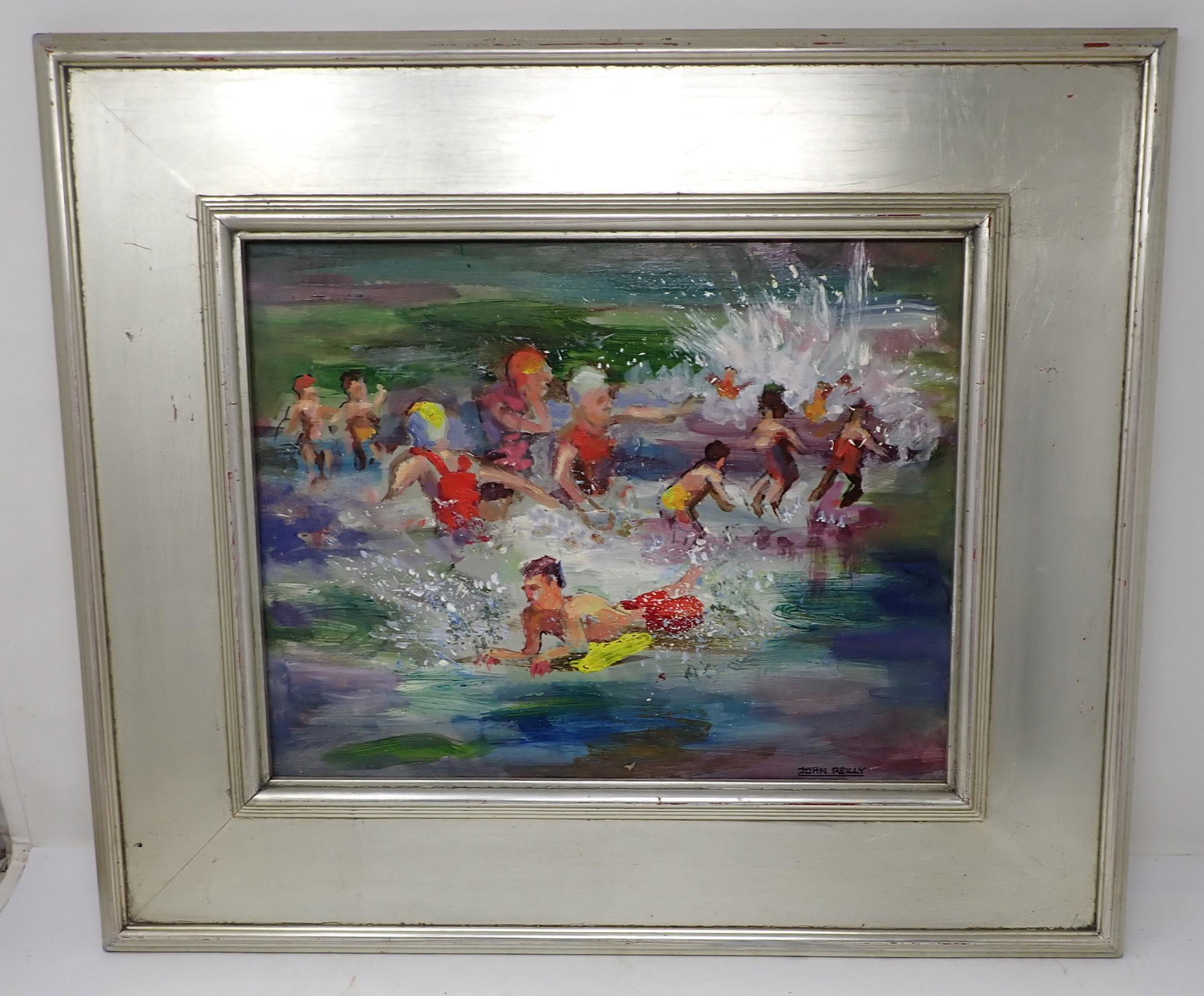 John Reilly Slippery When Wet Painting: Signed Oil on Board Painting is approx 18" x 21". John Reilly (1942-2021) was born in Brooklyn New York. John received his early art training at the School of Art and Design in Manhattan, where he stu