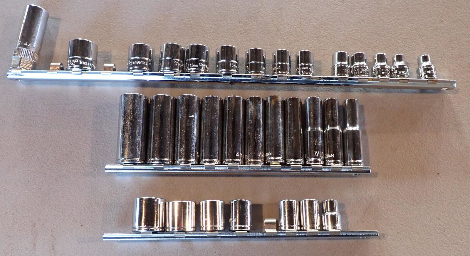 Bench Top & Misc Sockets: Bench top pictured in back. The other two sets are marked Taiwan. All 3/8" drive.