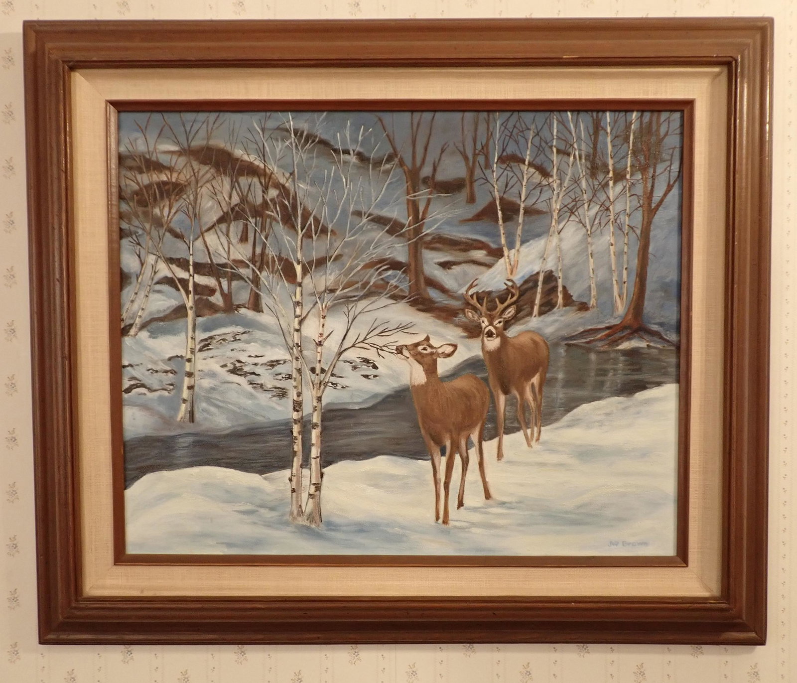 Whitetail Deer Oil on Canvas Painting Signed Brown (1 of 2)