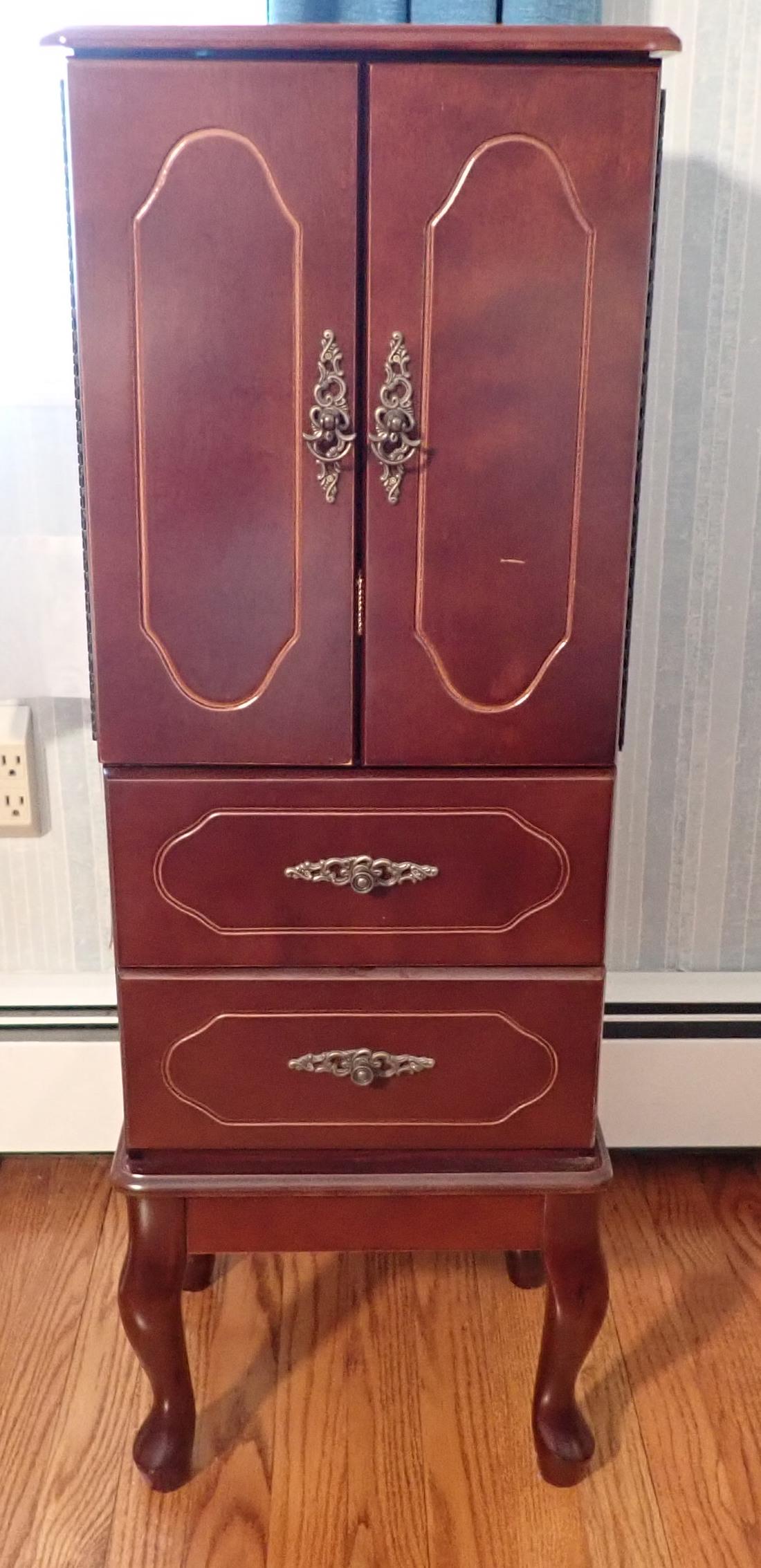 Jewelry Cabinet: Approx 14" x 11 1/2" x 39 1/2" tall. DOES NOT INCLUDE ITEMS IN IT ! NO SHIPPING