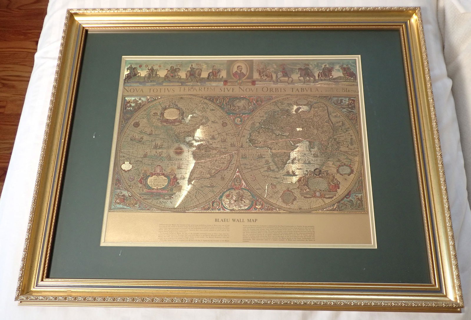 Vintage Framed Gold Foil Blaeu Wall Map Willam Janszon Gold