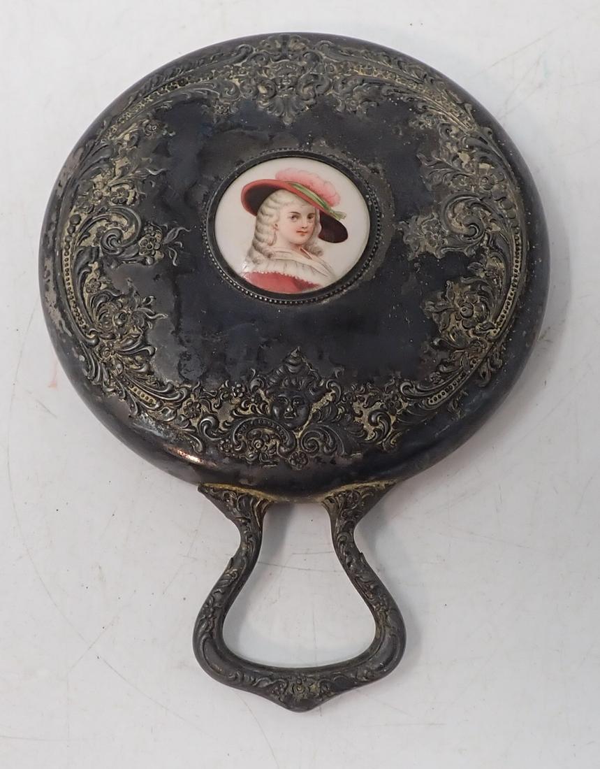 Silverplate Mirror w/ Hand Painted Victorian Woman: Approx 5" in diameter