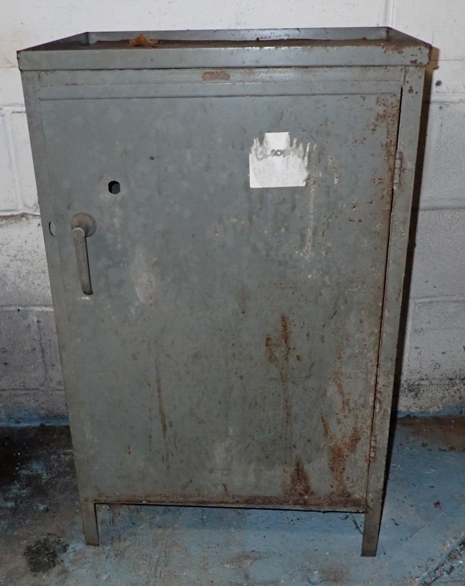 Vintage Metal Industrial Cabinet: Approx 15 1/4" x 21 1/4" x 34" tall. NO SHIPPING