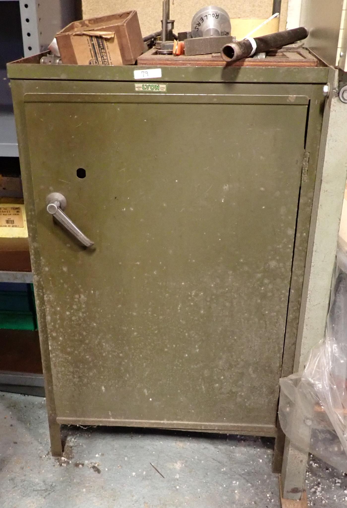 Vintage Lyon Industrial Cabinet: Approx 15 1/4" x 21 1/4" x 34 1/4" tall. NO SHIPPING ! There is no lock in door. Does not include items on it. Pick up in afternoon only !