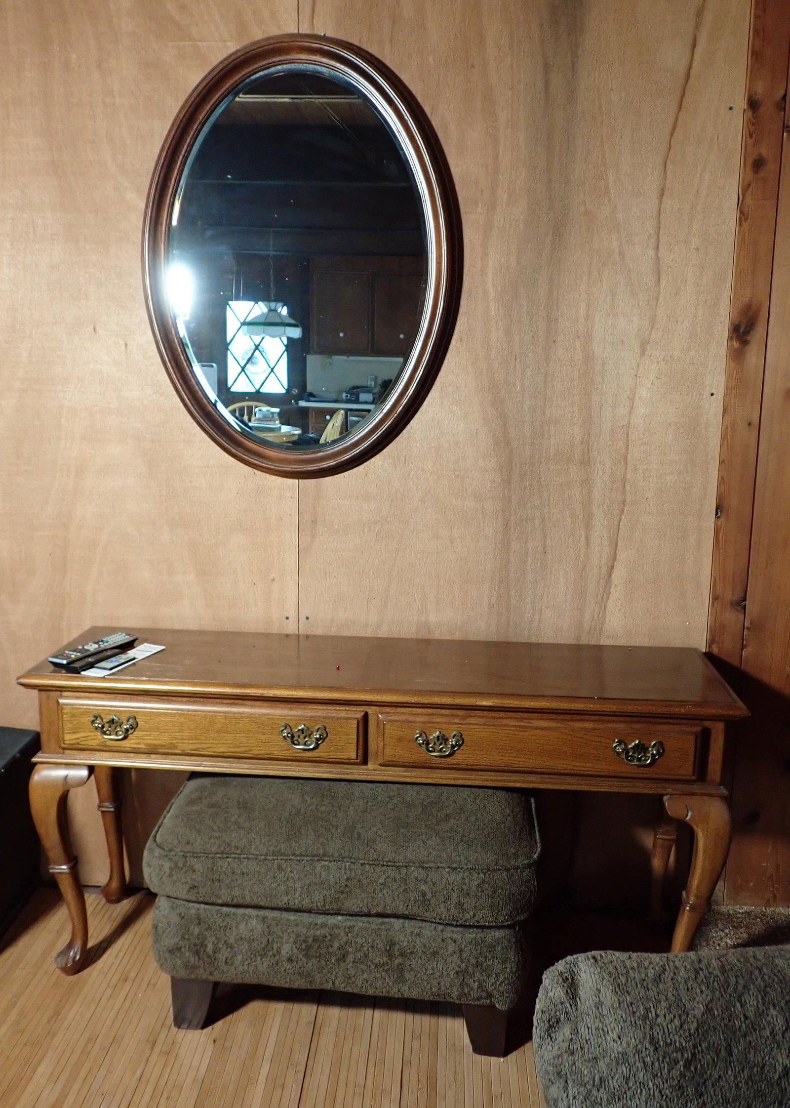 Console Table Oval Mirror Recliner & Ottoman: Mirror is approx 27 1/2" x 36". Table is apprx 16" x 56" x 27" tall. Take what you want and leave the rest. Must be picked up at 9:30am.
