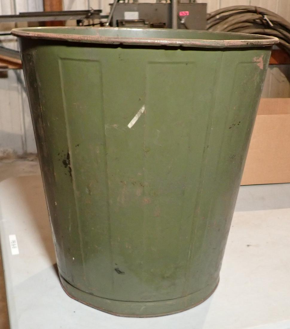 Vintage Metal Industrial Trash Can: Approx 13 1/2" in diameter and 14 1/2" tall. NO SHIPPING !
