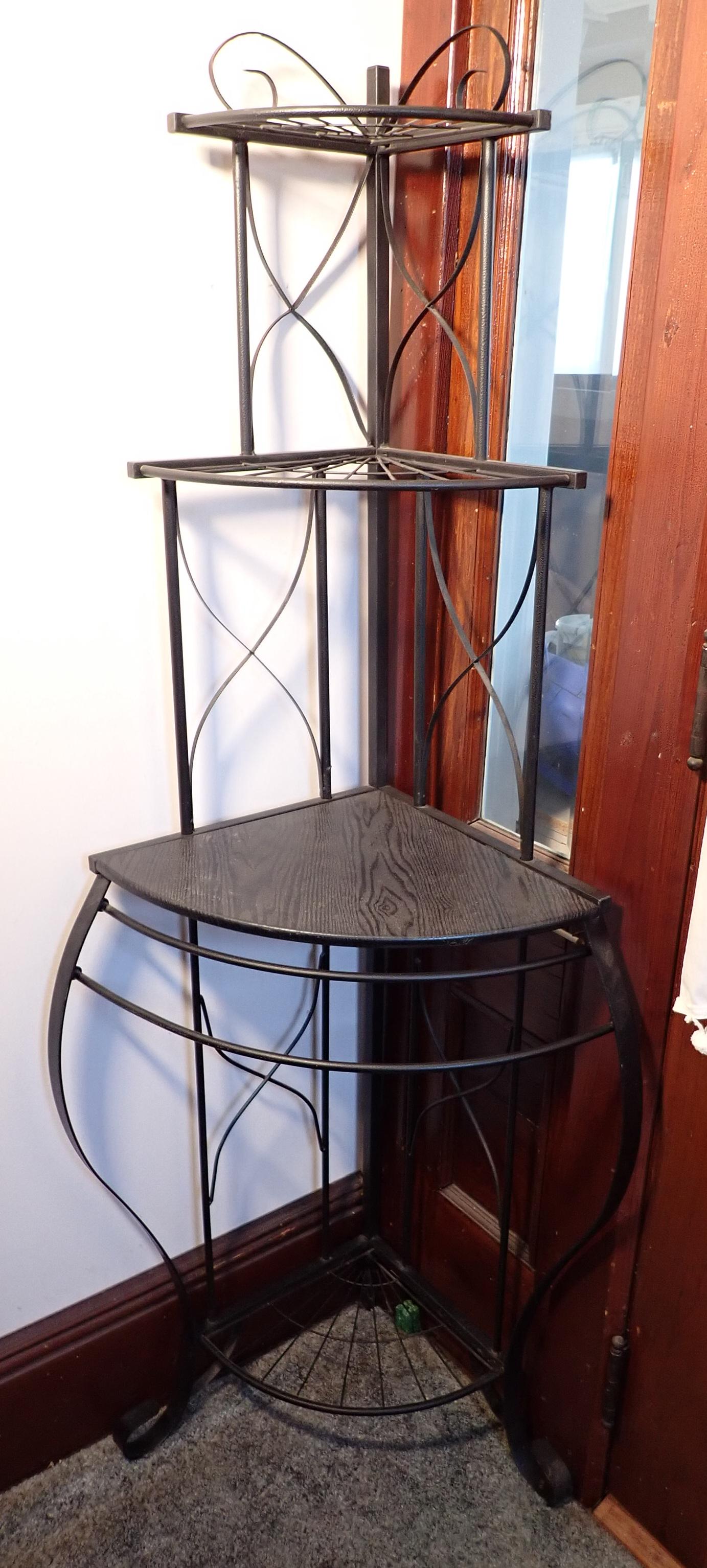 Corner Shelf: Approx 16" deep, 22" across, and 65" tall. NO SHIPPING !