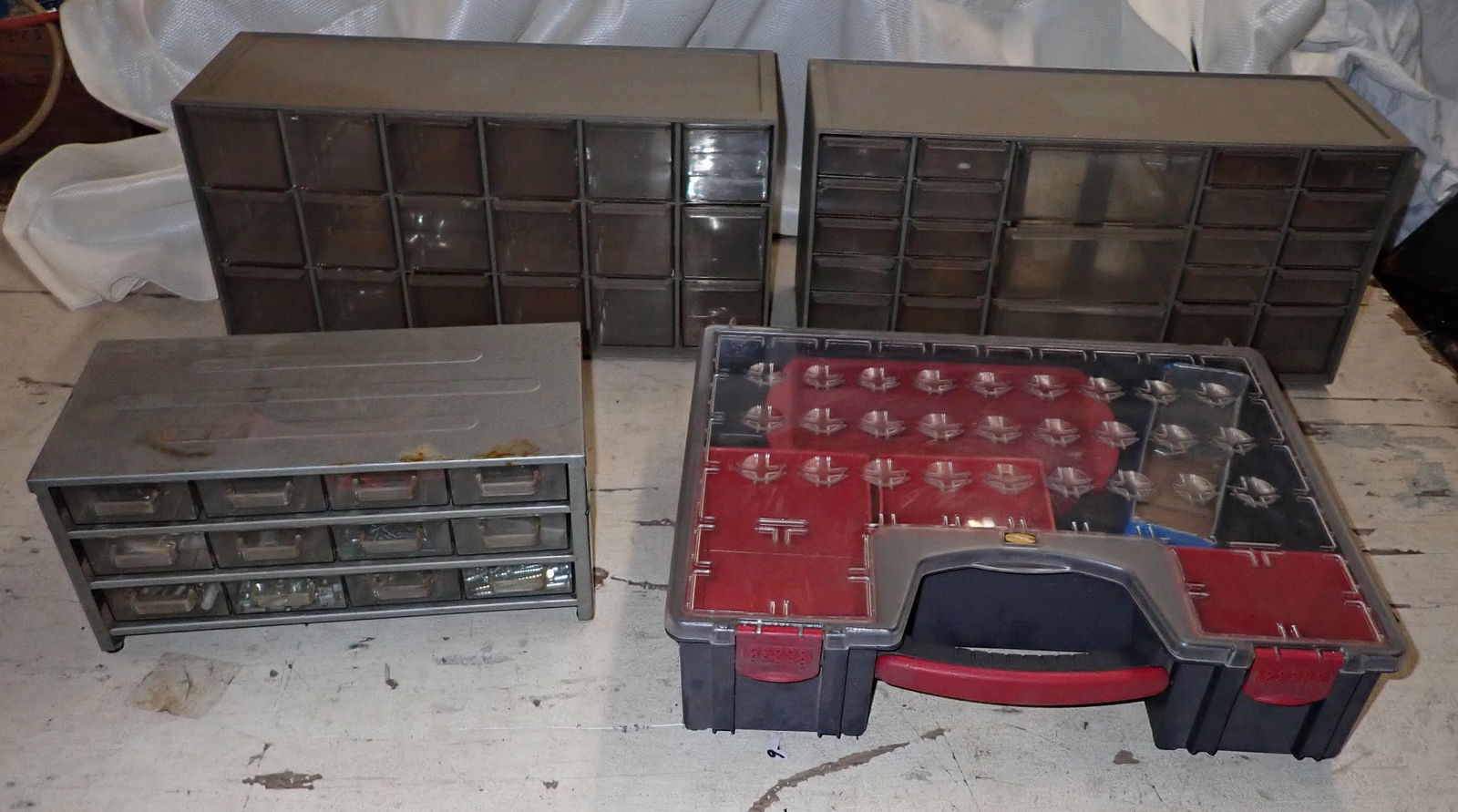 4 Parts Organizers: 2 in back are approx 6 1/2" x 18 1/4" x 8 3/4" tall. NO SHIPPING !