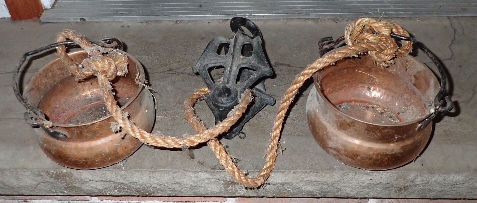Cast Iron Pulley Frame w/ Copper Pots (1 of 2)