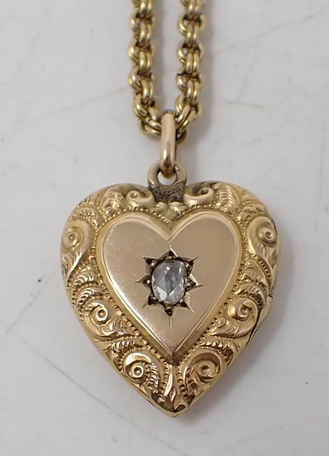 Gold Filled Heart Locket w/ Rose Cut Diamond & Chain (1 of 4)