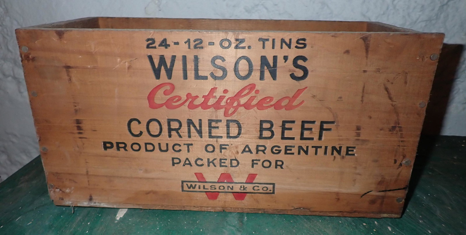 Wilsons Corned Beef Wooden Crate: Approx 7 1/4" x 15 1/8" x 7 1/2" tall. Comes with hardware in it