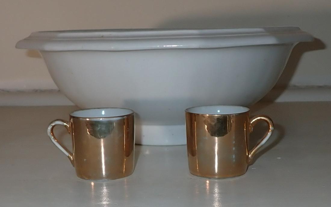 Ironstone Bowl & 2 Demitasse Cups: Bowl is apprx 13" in diameter and 5" tall