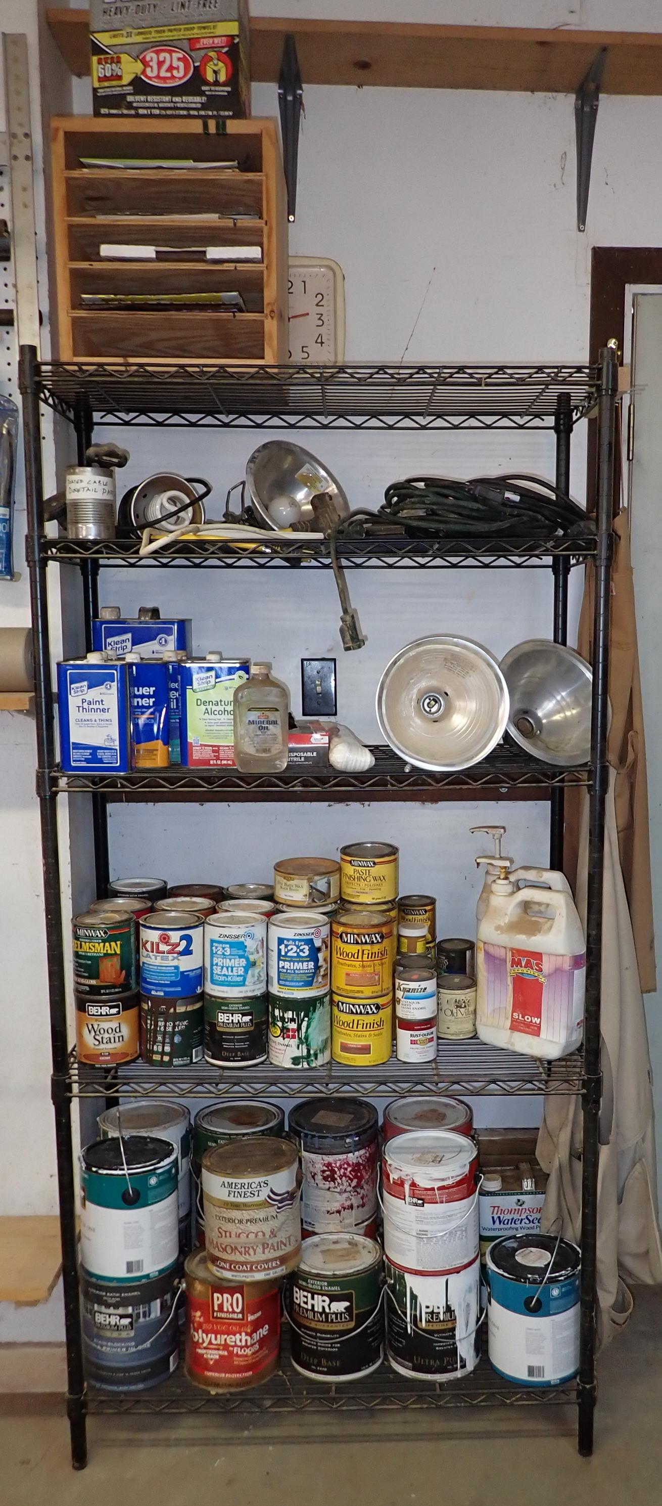 Paints Stains Sand Paper Shelf Contents: Lot includes all pictured on shelf. Shelf is not included. Buyer must take all and remove before 1pm. NO SHIPPING !