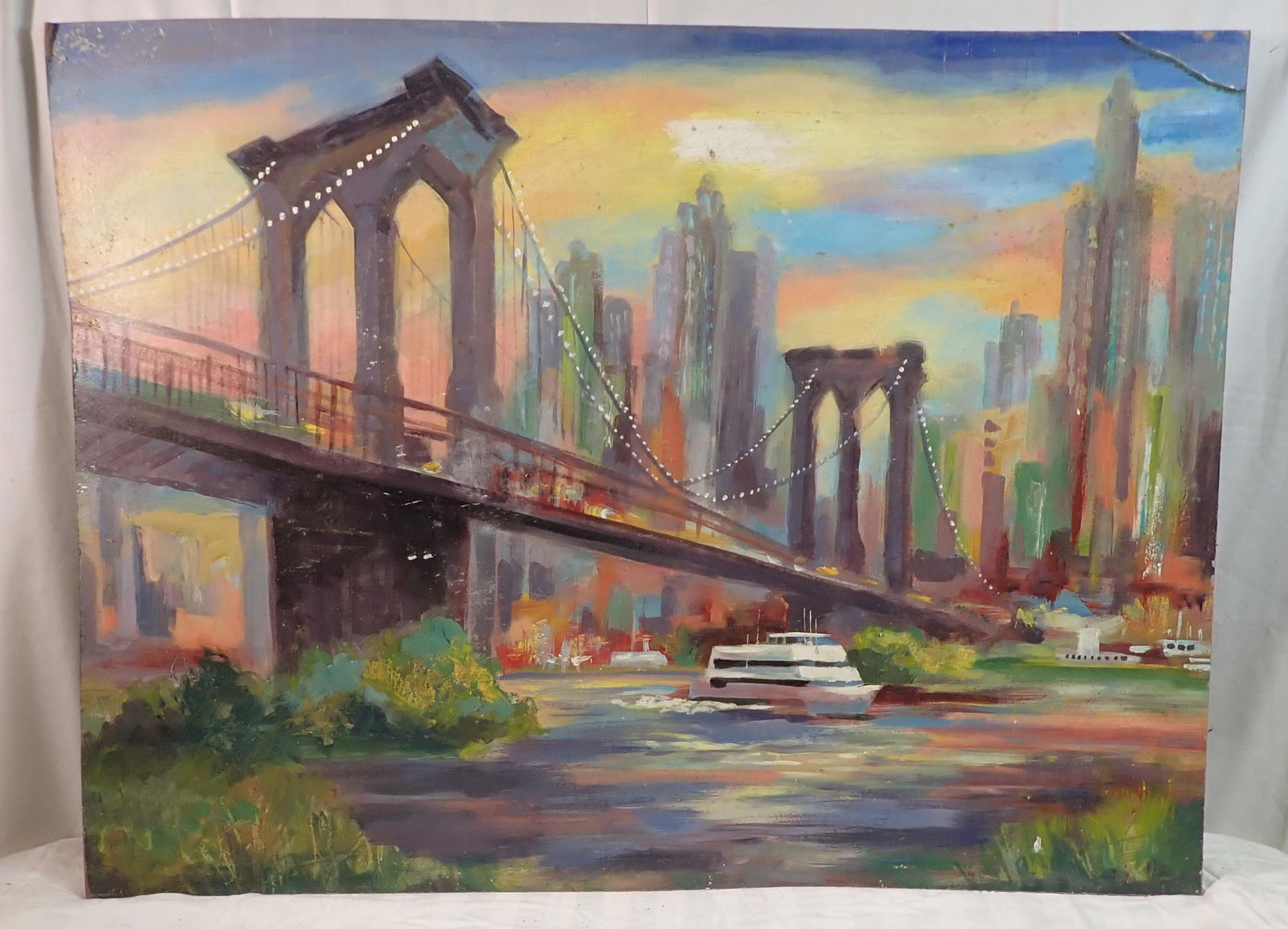 John Reilly Signed Brooklyn Bridge Oil on Board (1 of 4)
