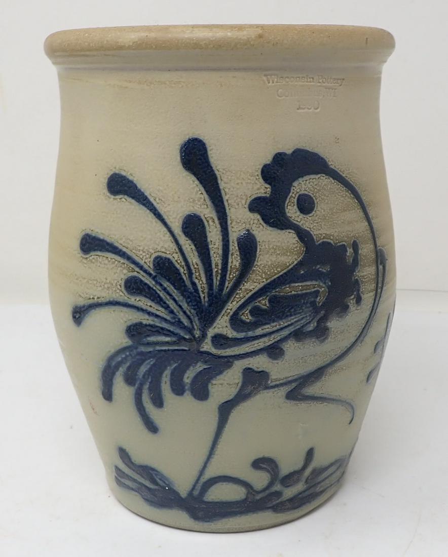 1990 Wisconsin Pottery Blue Decorated Rooster Crock (1 of 3)