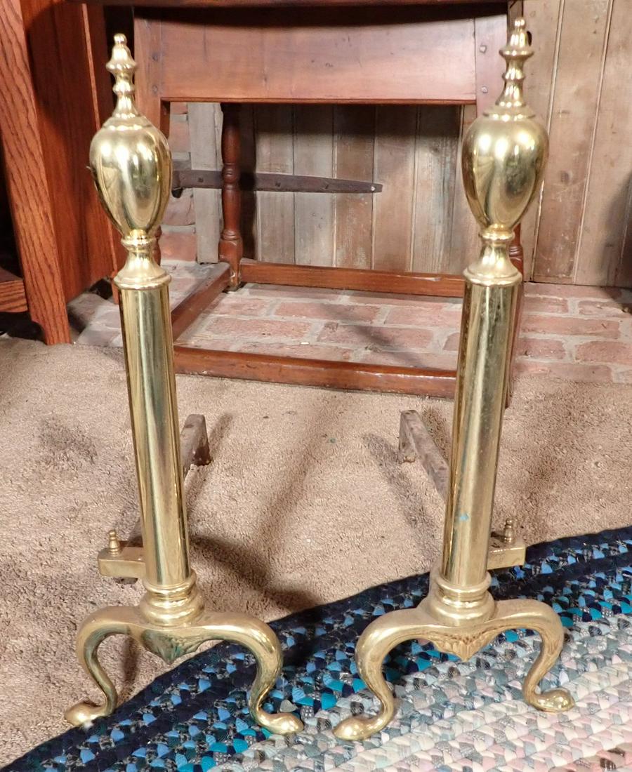 Pair of Brass Andirons: Appro 9" wide, 19" deep, and 23" tall. NO SHIPPING !