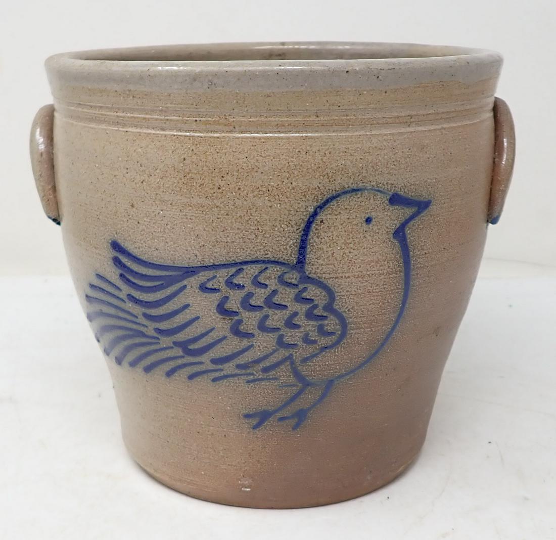 1985 Eldreth Pottery Blue Decorated Crock w/ Bird (1 of 2)