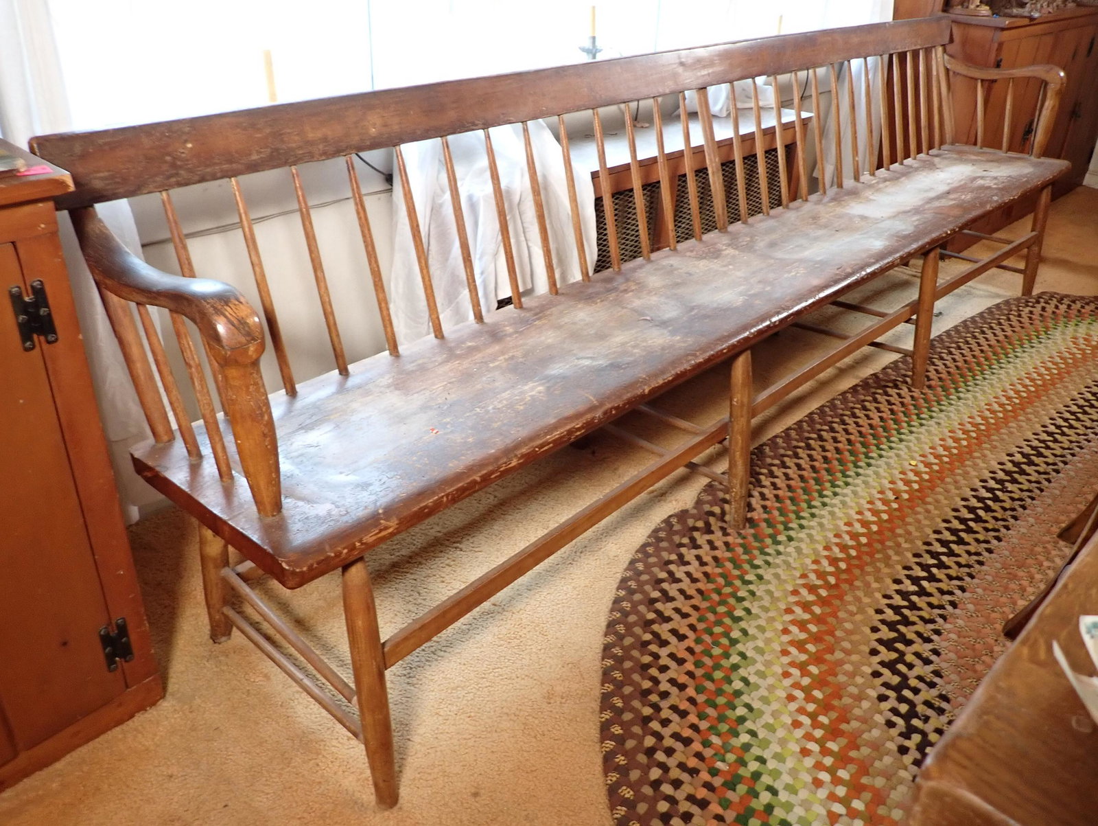 Settee: Approx 9' long , 17" to seat, 15" deep, and 30 1/2" tall. Pick up after 1pm only. NO SHIPPING