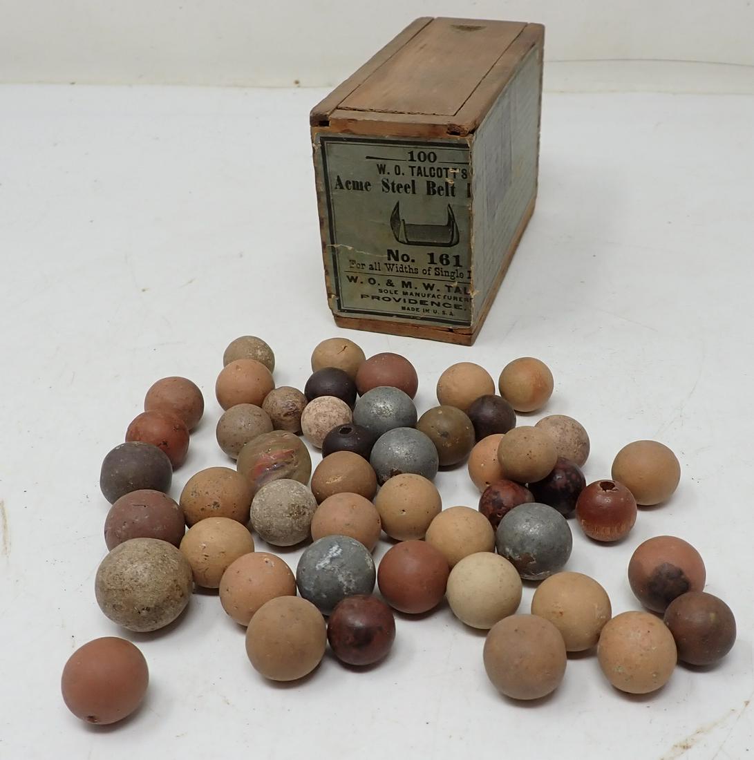 Clay / Misc Marbles & Acme Steel Belt Box: Largest marble is approx 3/4"