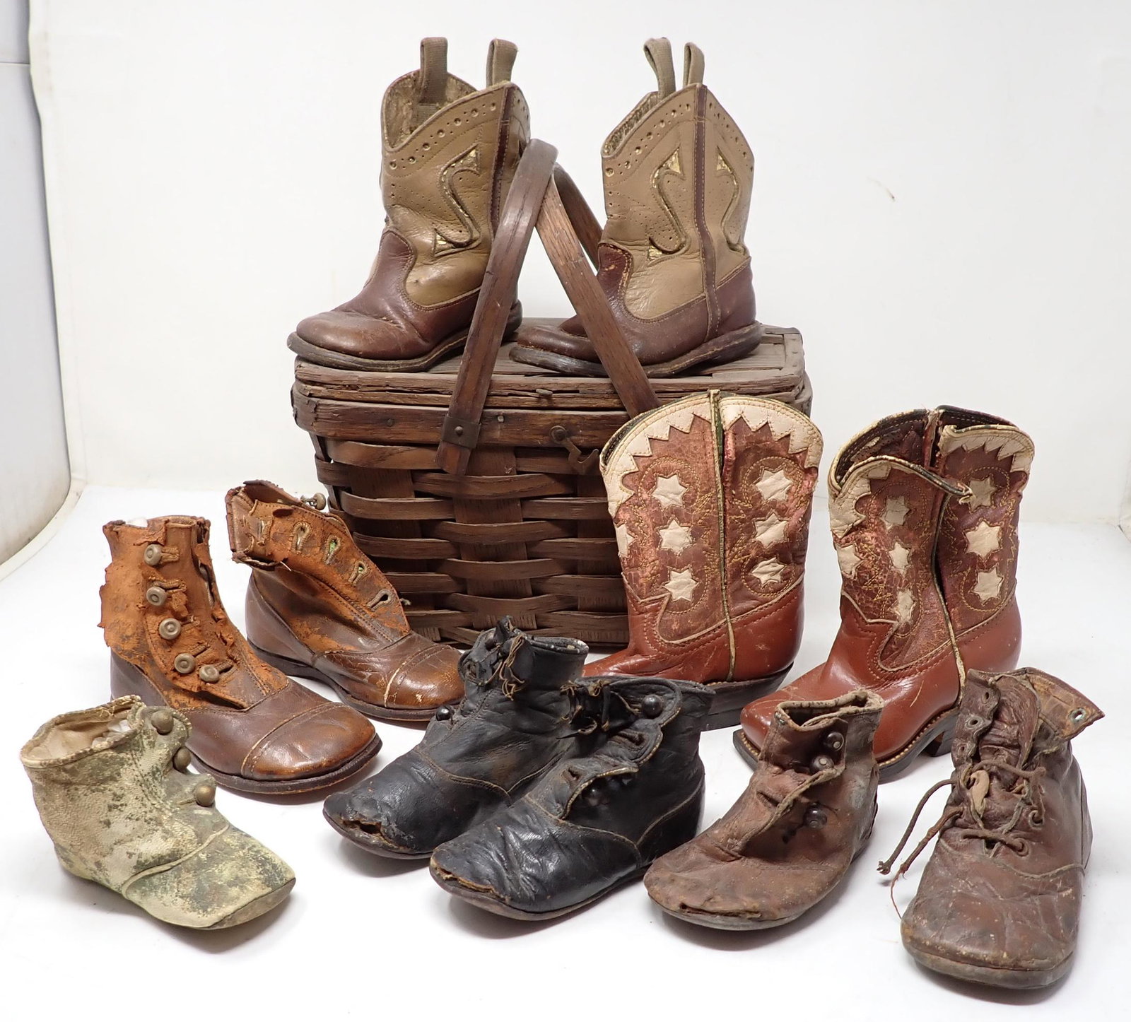Antique / Vintage Childrens Shoes & Cowboy Boots: Largest are approx 5 1/4" long and 6 1/2" tall