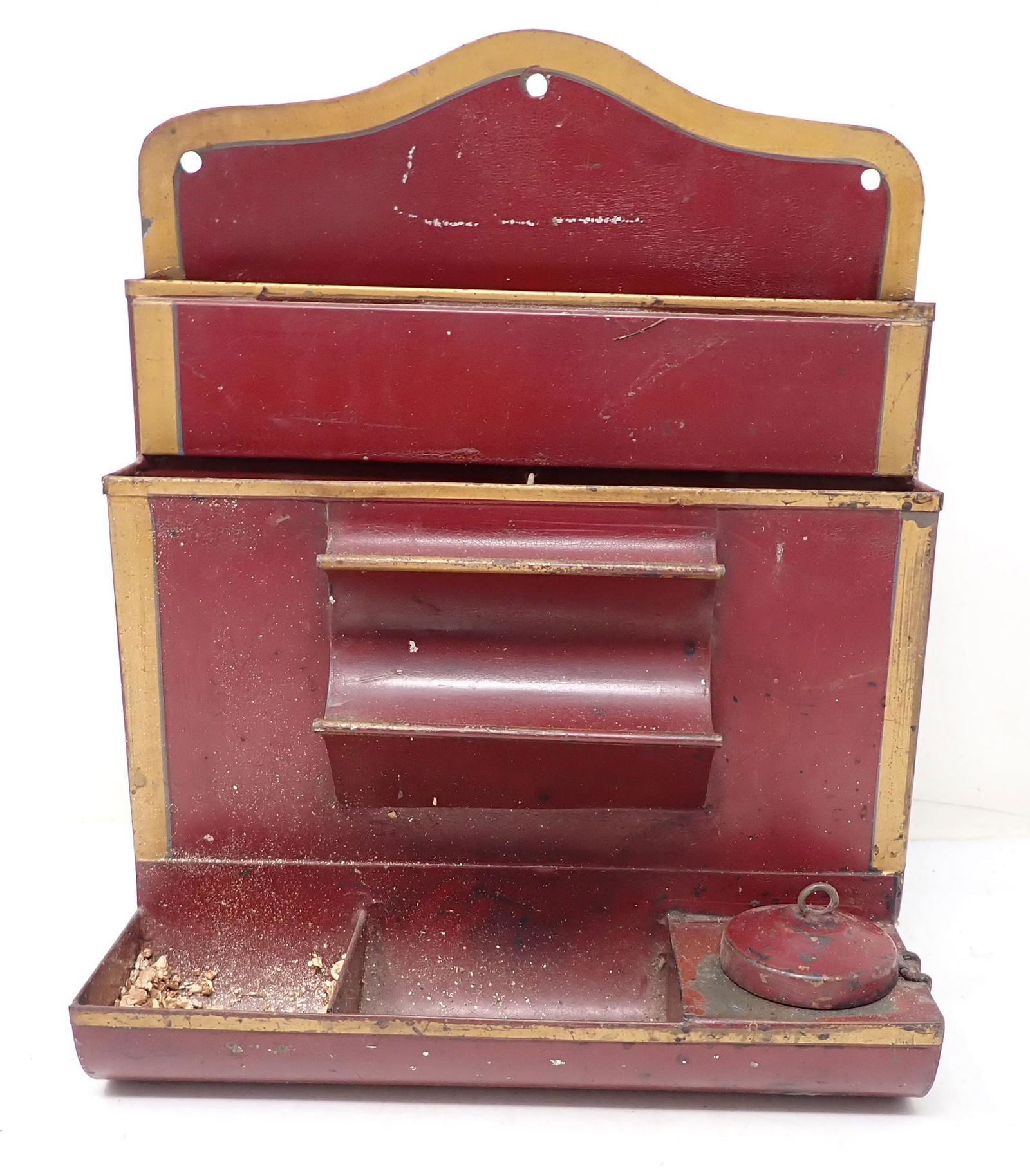Tin Wall Hanging Desk Set Pen Holder Inkwell in Red Paint (1 of 4)