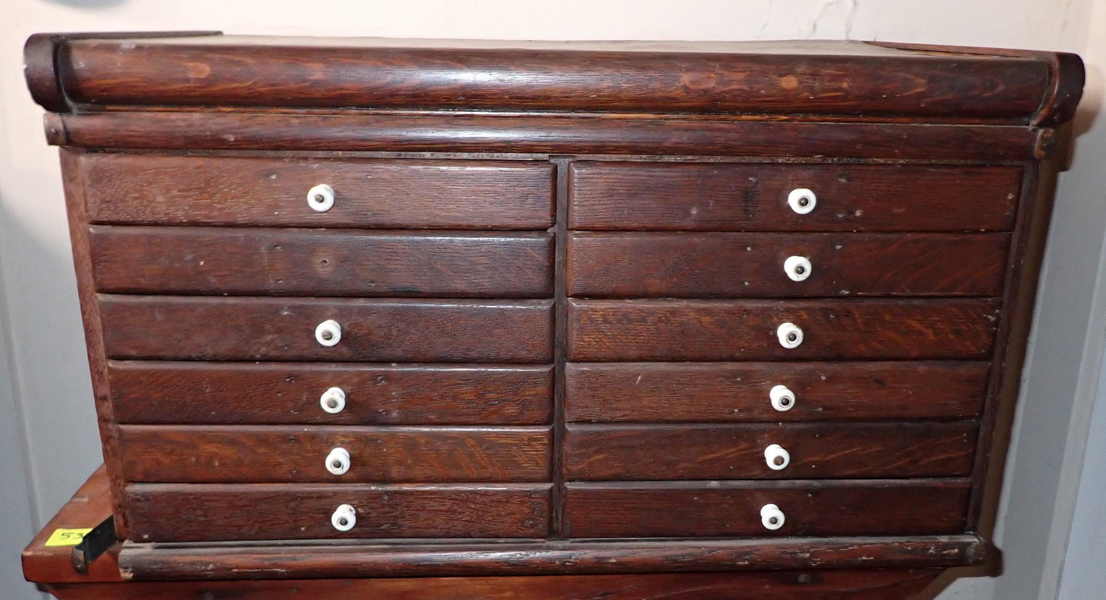 12 Drawer Silver Chest: Approx 16" x 27" x 16" tall. The missing knob for the drawer is inside. Must be picked up at 9:30 am. NO SHIPPING