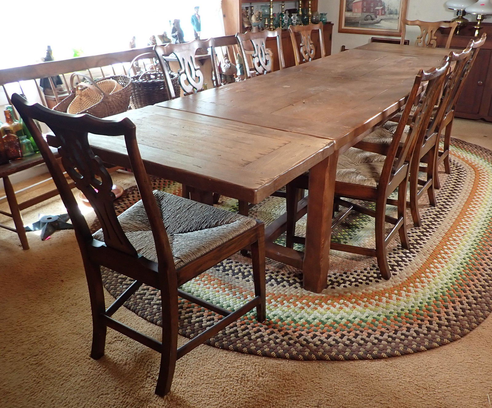 Antix French Entension Table: Apprx 33 1/2" x 10'6" ( with extensions). THIS IS MIXED WOOD . Extensions are approx 19 1/2" long ( each). Does not include chairs. Pick up between 3 and 4'oclock only. NO SHIPPING