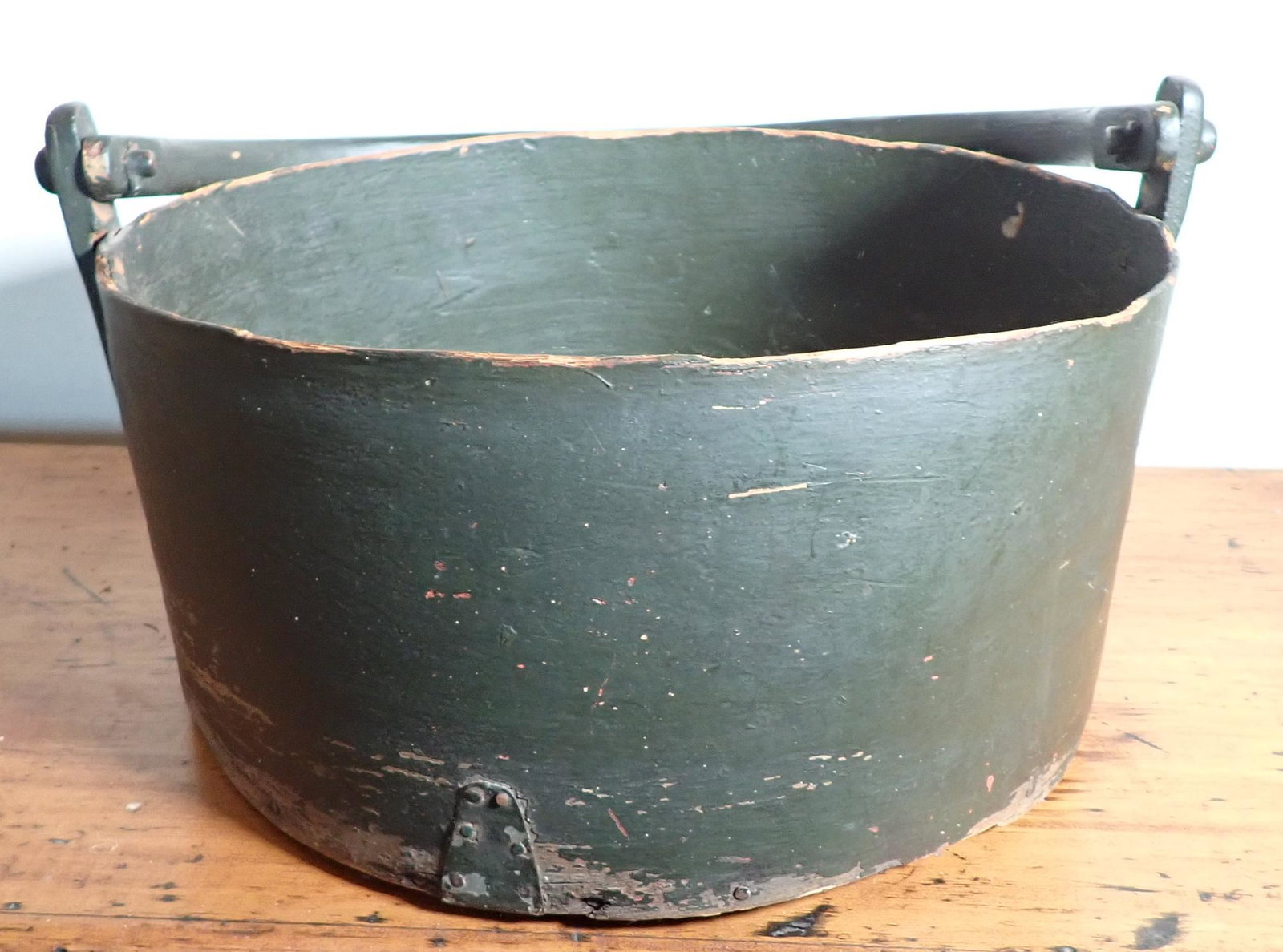 Firkin in Green Paint: Approx 15 1/2" x 18" x 8" tall ( not including height of handle).