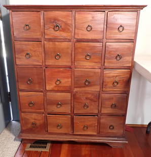 20 Drawer Apothecary Cabinet: Approx 15" x 35 3/4" x 43 1/2" tall. NO SHIPPING