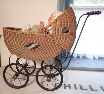 Wicker Dolls Stroller & Contents: Stroller is approx 12 1/2" x 25 1/2" x 23 1/4" tall. NO SHIPPING !