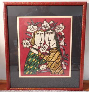 1981 Sadao Watanbe Japanese Stenciled Print: Signed and number . Approx 18 1/2" x 21"