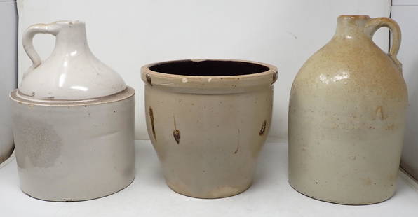 Stoneware Crock & Jugs: Tallest is approx 11 3/4" tall. NO SHIPPING