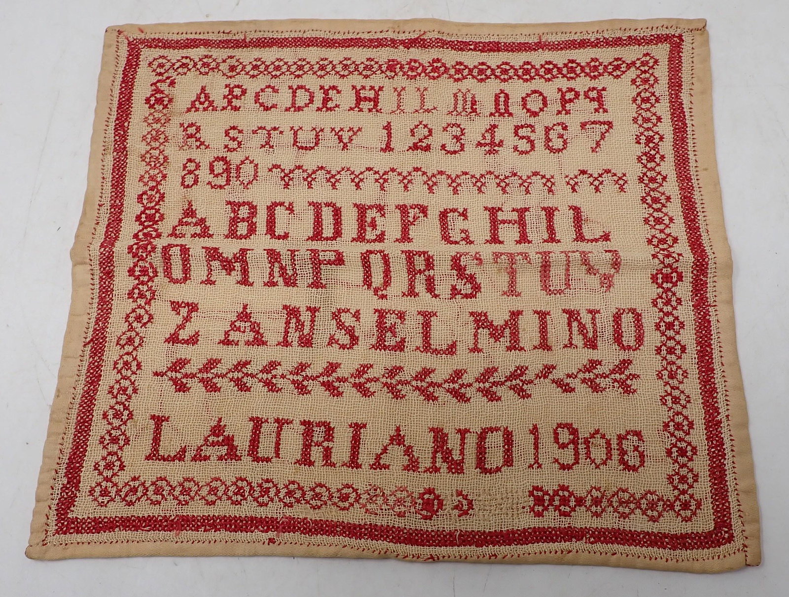 1906 Sampler: Approx 10 1/2" x 11 1/2"