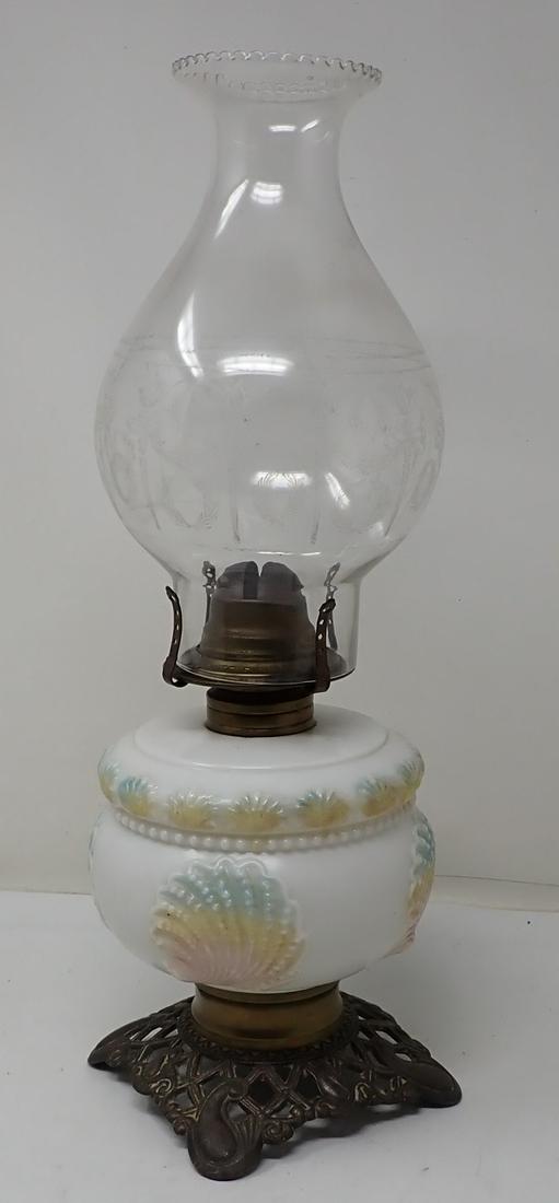 Oil Lamp w/ Shells & Etched Chimney (1 of 3)