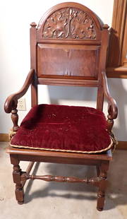 Arm Chair w/ Carved Tree & Leaves: Approx 23" wide, 17 1/2" to seat, 19" deep, and 43 1/2" tall. NO SHIPPING !