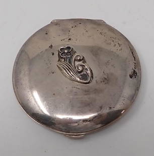 Compact w/ Flower Motiff Sterling ?: Apprx 2 3/4" in diameter. Looks like Sterling. It is not marked or guaranteed Sterling. Sold as pictured