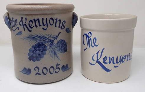 Rowe Pottery LL Bean Kenyons Blue Decorated Crock: Crock on right is RRP and apprx 6 1/4" in diameter and 6 3/4" tall.