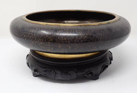 Brass Enameled Bowl w/ Carved Wooden Base: Bowl is approx 10" in diameter and 3" tall.