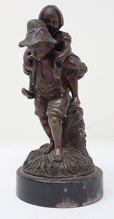 Bronze Sculpture of Dutch Girl on Boys Back: Approx 6" tall