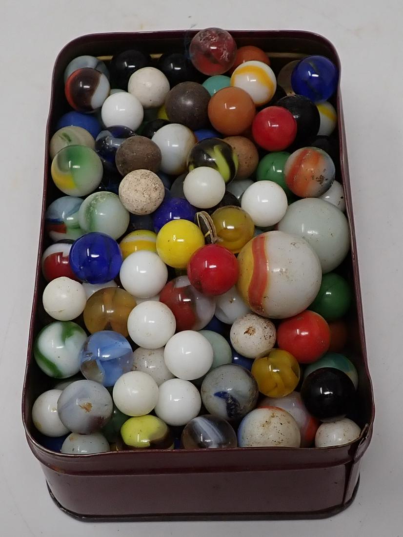 Tin Full of Glass & Clay Marbles (1 of 8)