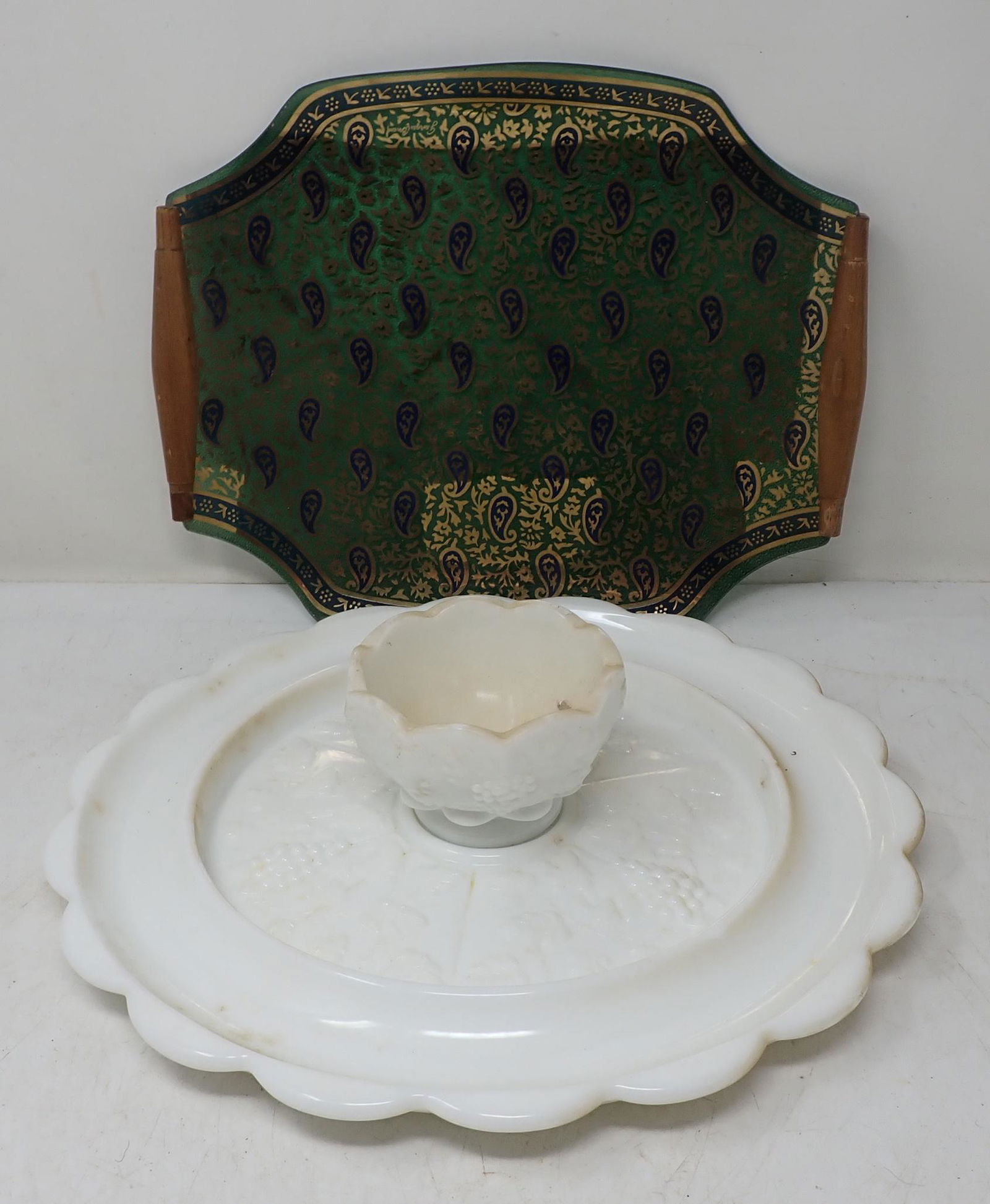 Milk Glass & Georges Briard Platter: Georges Briard platter is apprx 10" x 12"