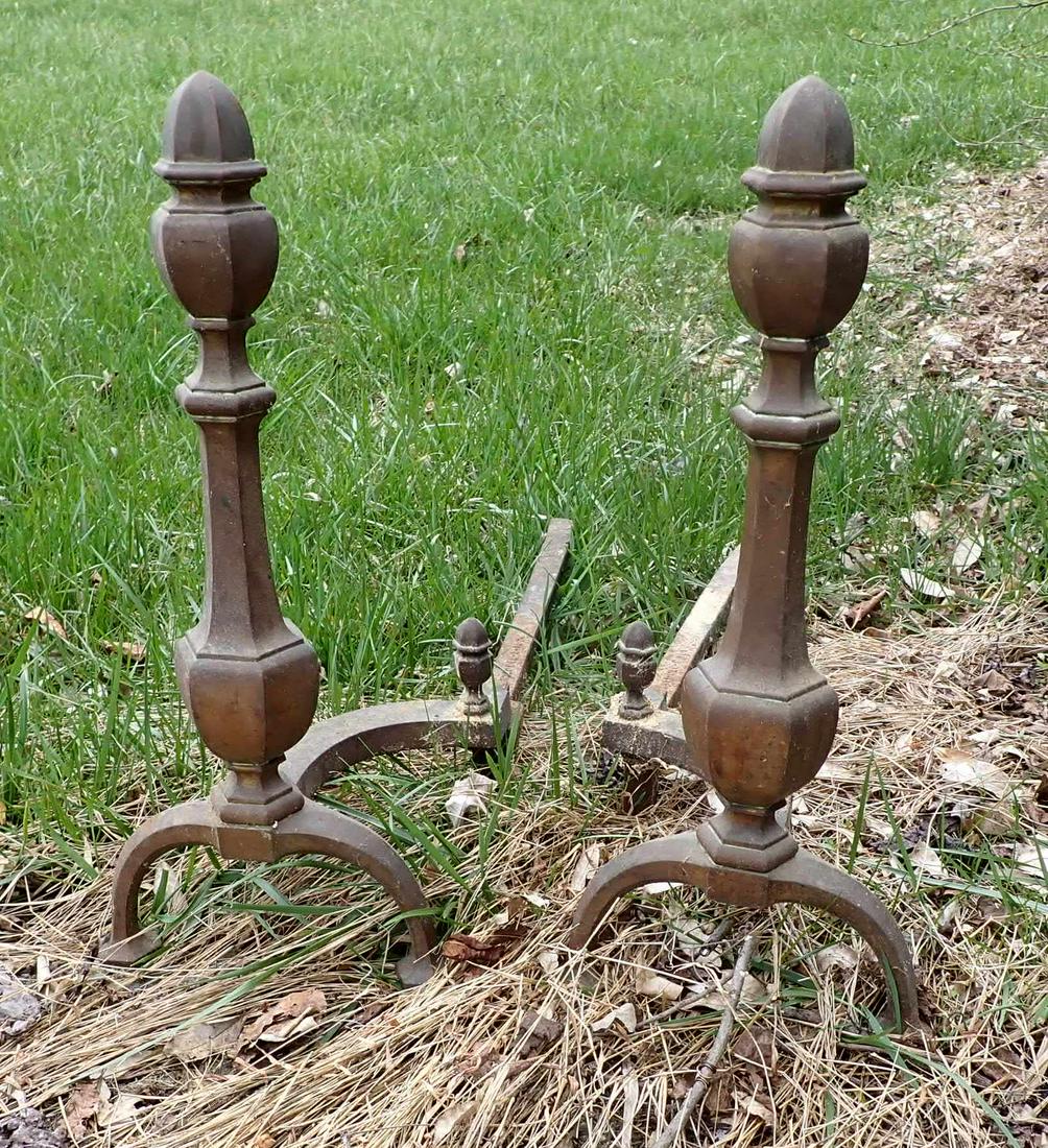 Brass Andirons: Approx 9 1/2" wide, 29" deep, and 21 1/2" tall. No shipping. Buyer must carry from bottom barn ( up long hill )